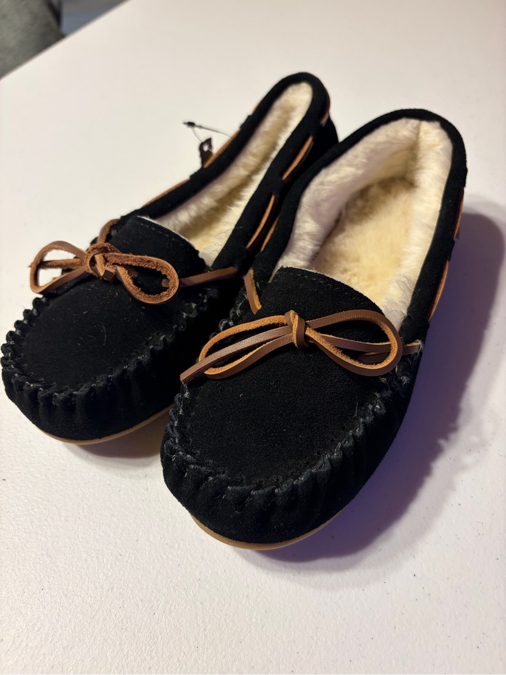 Black Faux-Suede Moccasin Slippers with Cream Shearling Lining
